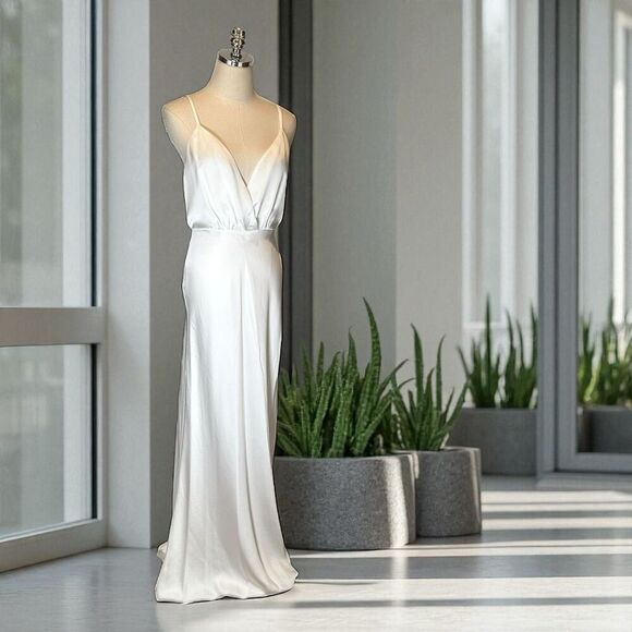 NWT Ramy Brook $595 Vick V-Neck Satin Gown Ivory Size 6 – Drained V-Neck, Open B - Picture 1 of 12